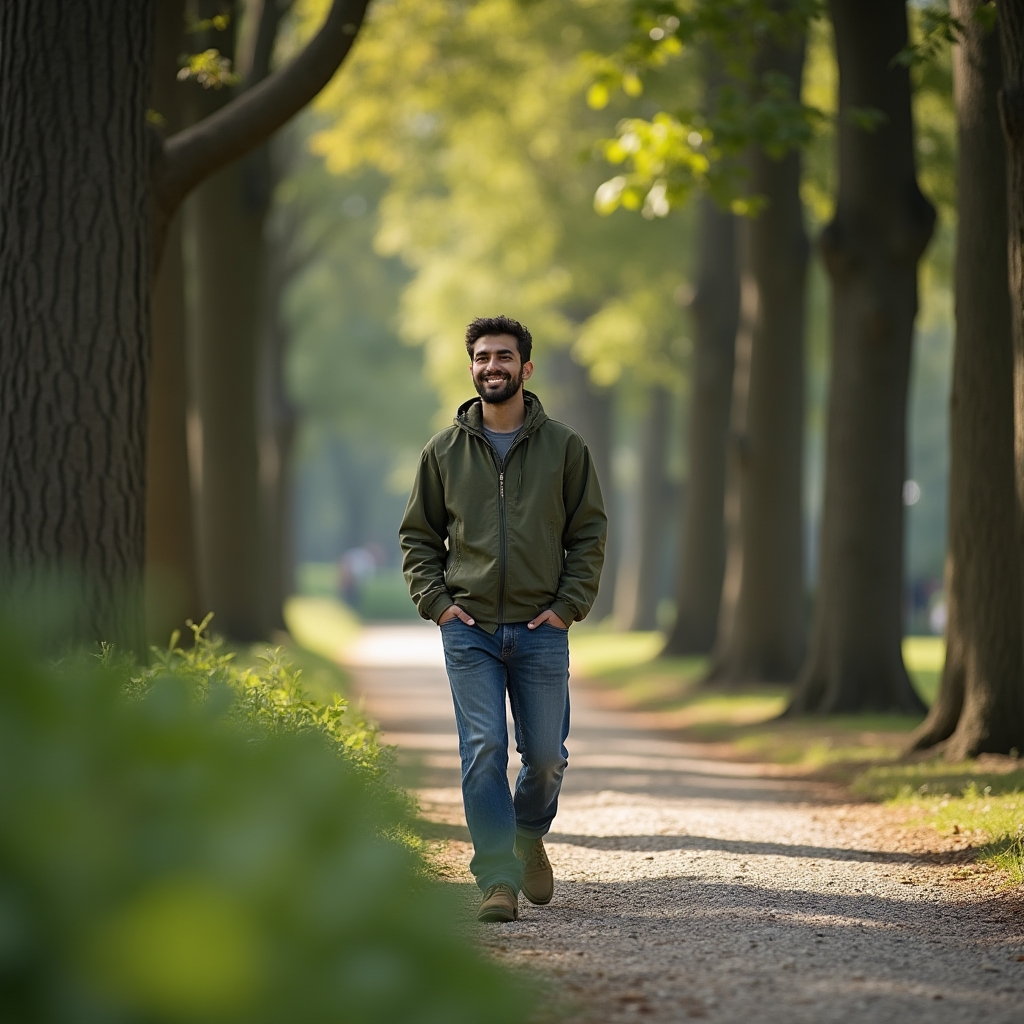 Person geht ohne Smartphone durch einen Park, Hände in den Taschen, Blick nach vorn gerichtet