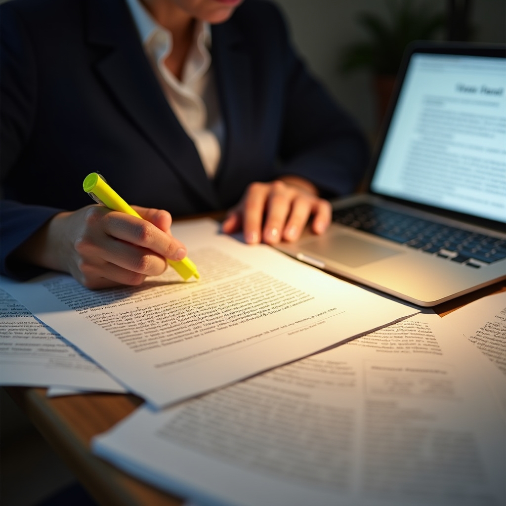 Person markiert Textstellen in einem ausgedruckten Studienpapier mit einem Textmarker