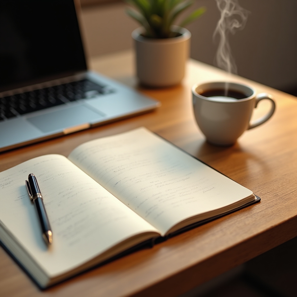 Aufgeräumter Schreibtisch mit einem einzigen geöffneten Notizbuch und einer Tasse Kaffee, Symbol für Monotasking