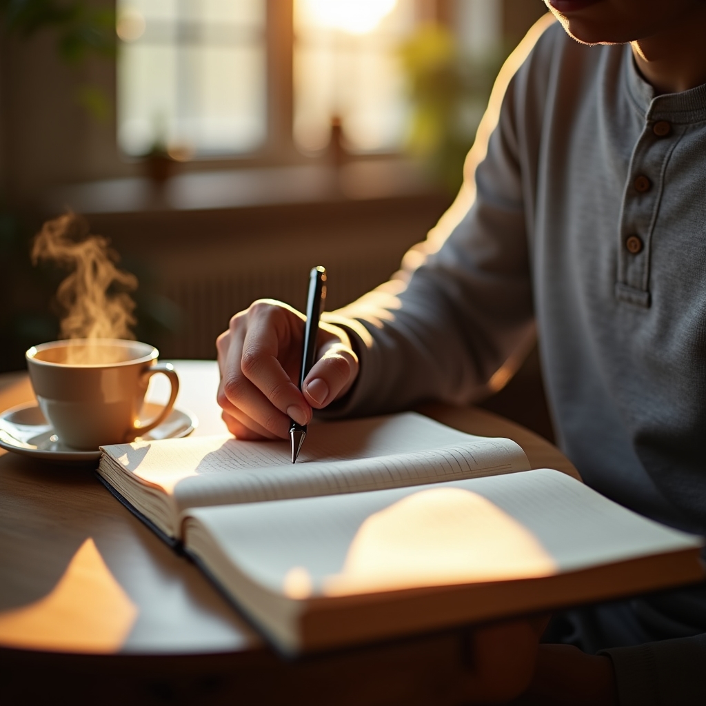 Aufgeschlagenes Notizbuch mit handschriftlichen Notizen neben einer Tasse Tee am frühen Morgen