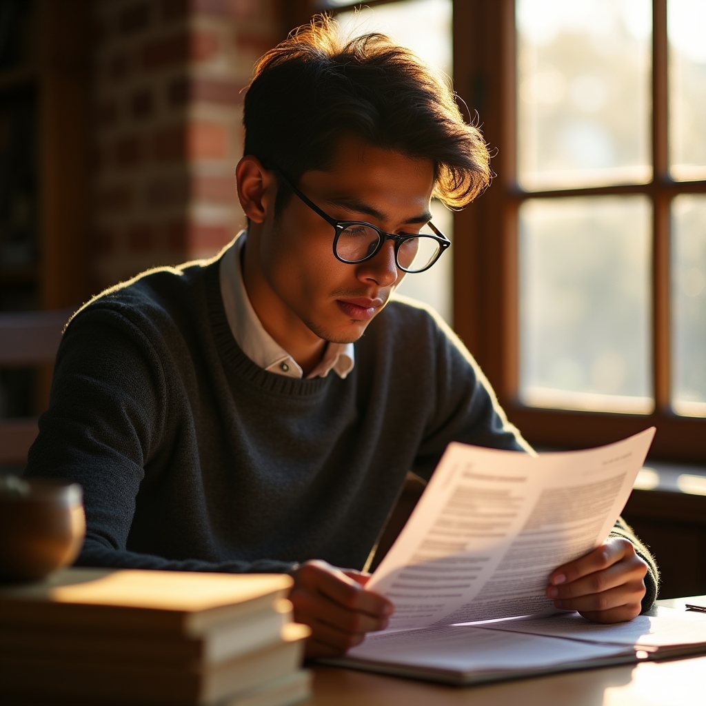 Person sitzt konzentriert am Schreibtisch und liest ein wissenschaftliches Papier bei warmem Licht